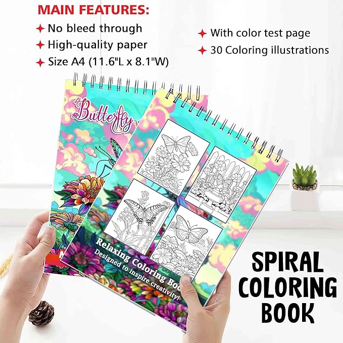 Netecom Butterfly Garden Adult Coloring Book for Adults, Spiral Bound Softcover, 30 Detailed Butterfly Garden Scenes for Stress Relief and Relaxation
