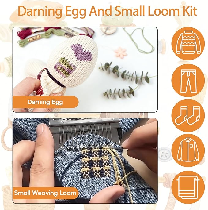 Mini Darning Loom,Egg Knitting Patch Kit with 14 Hooks Small Weaving Loom 13 Pcs Large Eye Needles 50 Color Threads for Handcraft DIY Weaving Repair Tool Darning Kit for Beginners Mending Jeans Socks