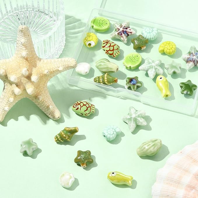 26Pcs Porcelain Ceramic Ocean Beads, 13 Styles Sea Seashell Fish Conch Starfish Porcelain Loose Spacer Beads for DIY Necklaces Bracelets Crafts Supplies