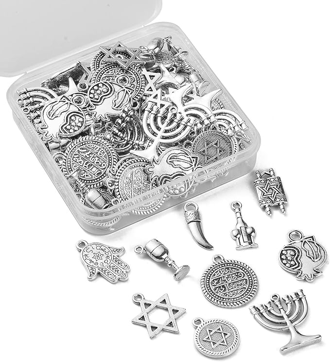 DanLingJewelry 100Pcs 10 Styles Tibetan Religion DIY Bracelet & Necklace Making Kit With Temple Menorah & Star of David Charms