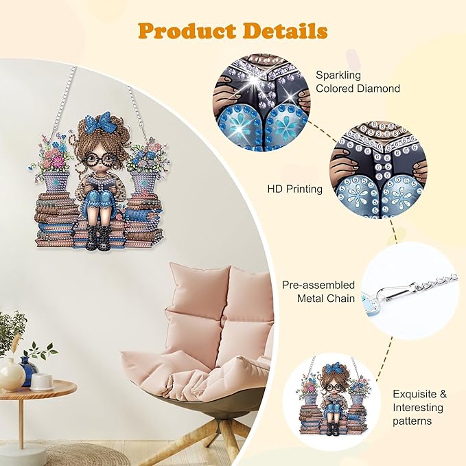 HEIBAGO Reading Book Diamond Art Hanging Kits for Adults, Diamond Art Suncatchers, 5D Special Shape Diamond Painting Pendant, DIY Window Ornament Gifts for Home Garden Door Wall Decor 8.3x8.3 in