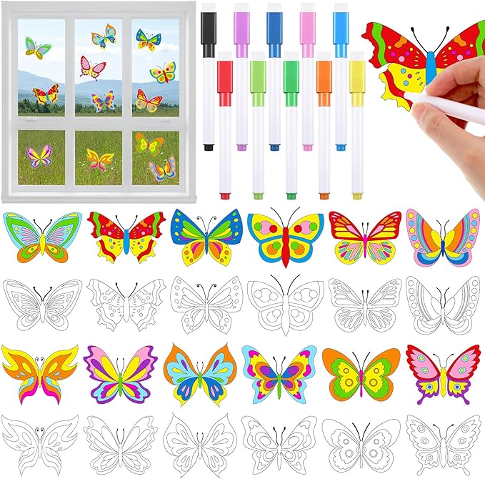 Frienda 36 Pcs Spring Butterfly Window Suncatchers Crafts Kit DIY Window Clings Stickers Butterfly Arts Crafts with 10 Markers for Easter Home Activities Decor Vbs
