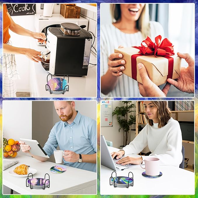 UPINS 8 Pcs Diamond Art Painting Coasters with Holder,Landscape DIY Diamond Art Paintings Coaster Kits Drink Coasters for Birthday Presents Beginners Craft Supplies Adults