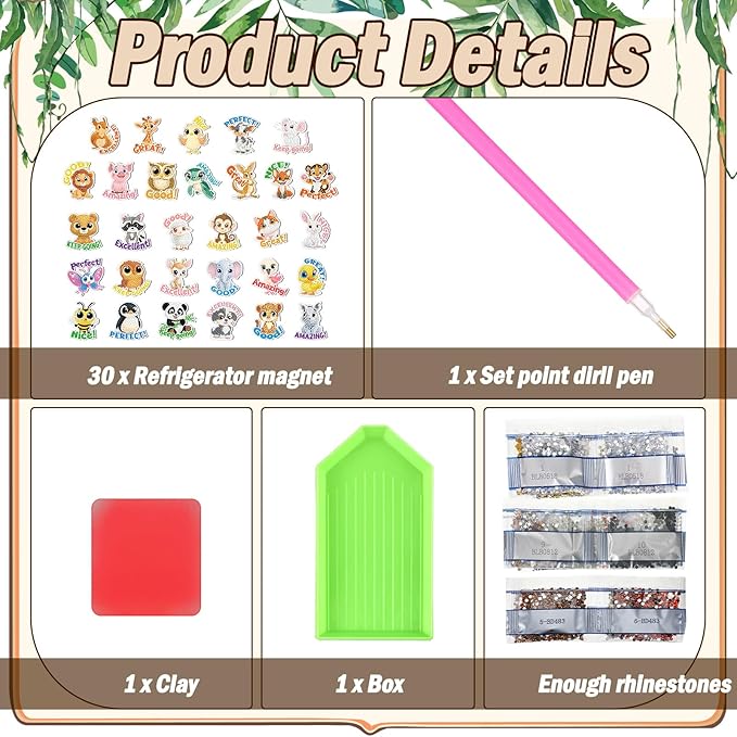 Xuhal 30 Pcs Inspirational Diamond Painting Magnets Motivational Animal Diamond Art Magnets Kits for Adults Positive Animal 5d Rhinestone Refrigerator Magnetic Sticker for DIY Craft Fridge Gifts