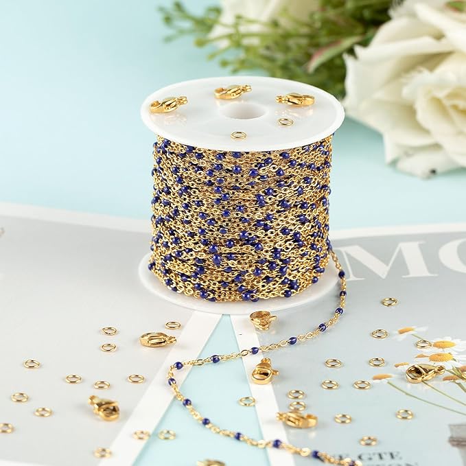 UMAOKANG Gold Plated Stainless Steel Jewelry Chains Bulk Cable Link Chain on Spool Royal Blue Enamel Bead Rosary Chain for Necklace Bracelet DIY Making Jewelry Supplies