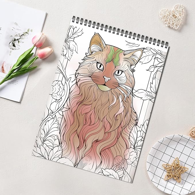 Cat Coloring Book, Cat Coloring Book for Adults Spiral Bound One Sided Design Thick Paper, Friends with Benefits Coloring Book for Women Hardback Cover Stress Relief Anxiety Therapy Coloring Relaxation 30 Pages
