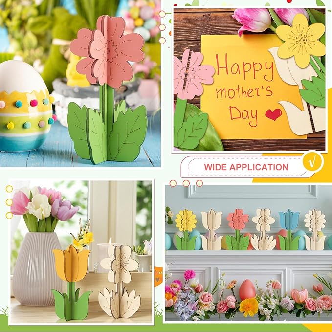 MotiMind 60 Pcs Spring Crafts Set 48 Pcs Wood Flowers to Paint Unfinished Wood Tulip Slices 3D Wooden Cutouts with 12 Colored Pens for Mother's Day Wedding Summer Crafts Tiered Tray Table Decor