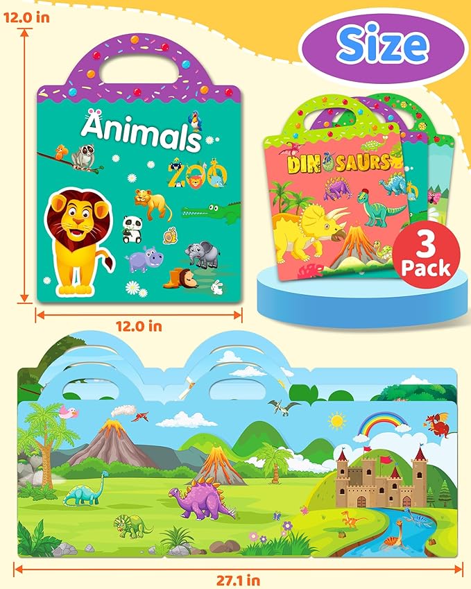 benresive reusable sticker books for kids, sticker books for toddlers, toddler travel toys activities crafts ages 3 and up birthday gifts - animals, dinosaurs and insect