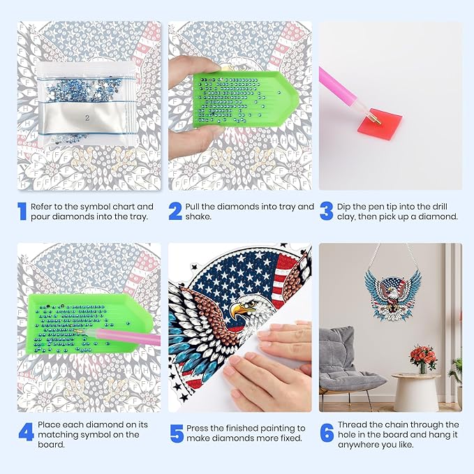 MXJSUA Eagle American Flag Diamond Painting Art Window Suncatchers, Diamond Art Kits for Adults Hanging Ornaments with Chain, 5D Special Shape Crystal Diamond Pendant Accessories for Decor Gift