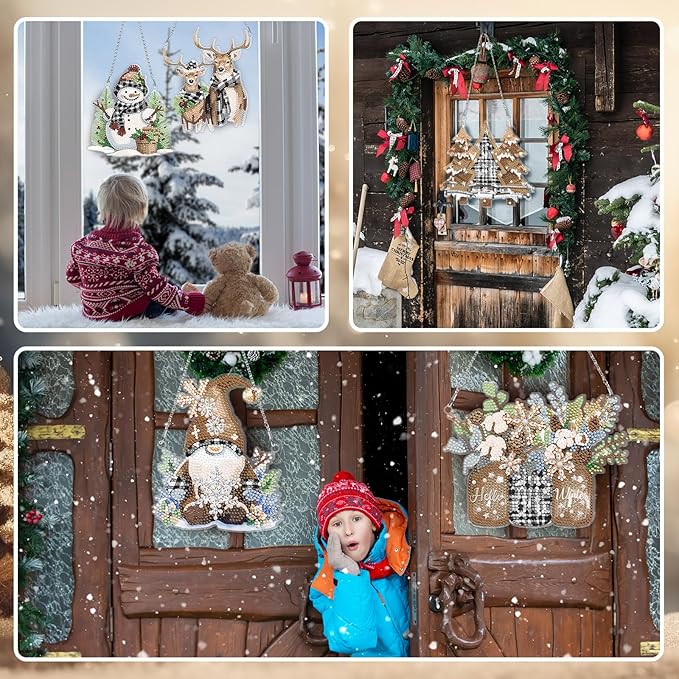 Chitidr 6 Pcs Winter Diamond Painting Hanging Sign Set Diamond Art Set DIY Crystal Paint Arts and Crafts Kit 5d DIY Christmas Ornaments Kits for Winter Wall Door Window Decor