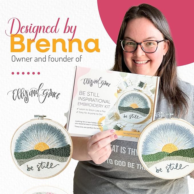 elly & grace christian embroidery kit with embroidery hoop, easy embroidery kit for beginners and adults, full embroidery hoop kit with needles and thread included (be still)