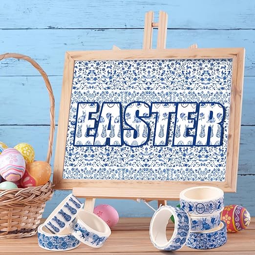 Chinoiserie Bunny Washi Tape - 12 Rolls Blue White Easter Chinese Inspired Rabbit Scrapbook Washi Masking Art Decorative Adhesive Tape Set School DIY Craft Scrapbooking Junk Journal Supplies
