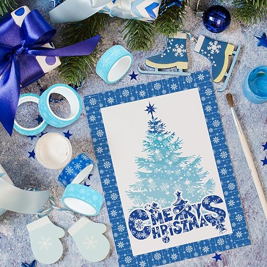 Whaline 12 Rolls Winter Washi Tape Blue Snowflake Theme Washi Tape Masking Decorative Party Gift Warp Paper Tape for Christmas Winter Decor DIY Craft Scrapbook Party Favor Supplies