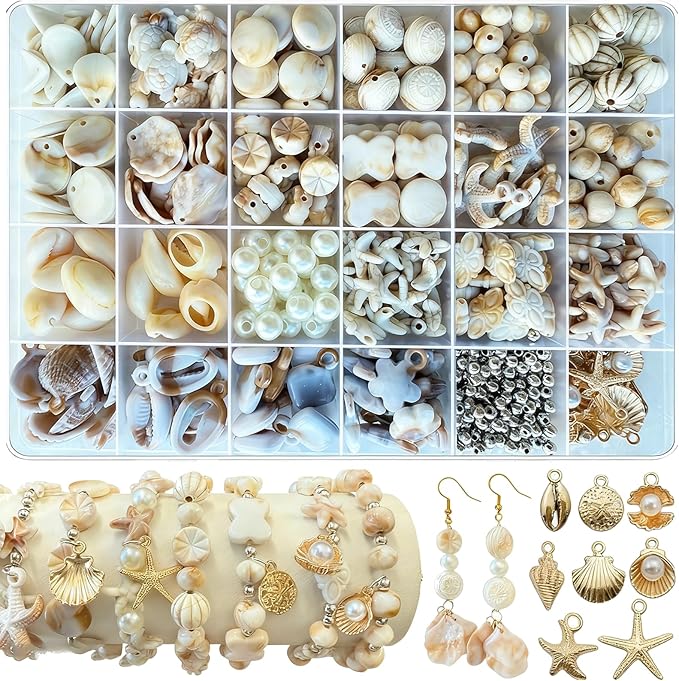 610Pcs Ocean Beads for Bracelets Making Kit, Shell Beads for Jewelry Making, Imitation Boho Shell Turtle Starfish Shape Sea Beach Bead Charms for Summer Sea Dangle Pendant Earring DIY Craft Necklace
