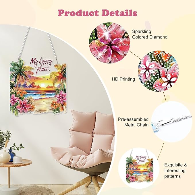 HEIBAGO Diamond Art Hanging Kits for Adults Kids, Hanging Diamond Art Beach Kits, 5D Special Shaped Crystal Diamond Painting Kit, DIY Pattern Window Pendant for Home Wall Decor 8.3x8.3Inch