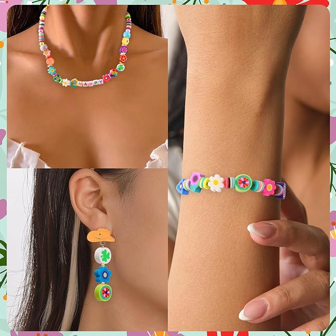 JMUQ 710 Pcs Flower Charms for Jewelry Making Kit, Cute Fun Flower Heishi Pony Letter Pearl Beads