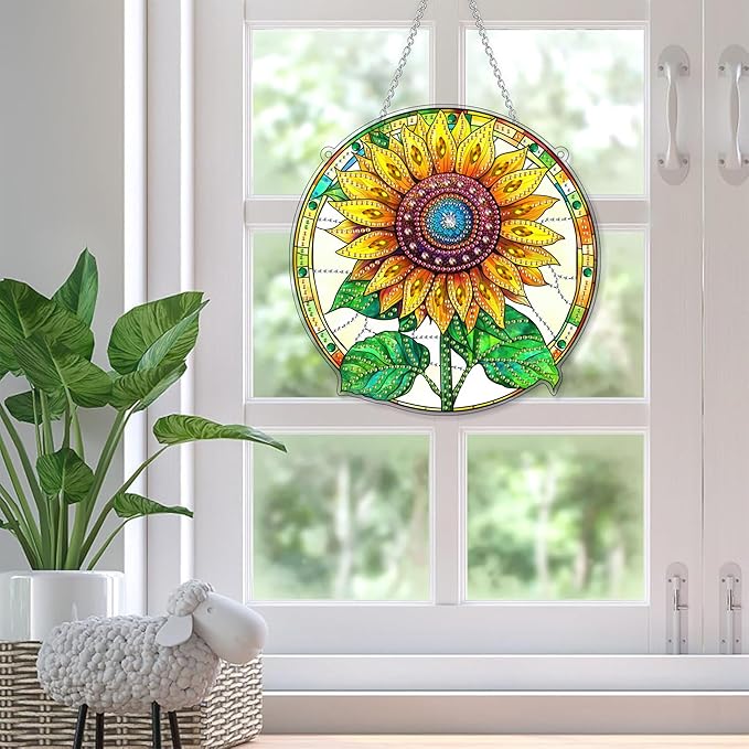 SKRYUIE Sunflower Hanging Diamond Art Kits for Adults Pendant Suncatcher, Special Shaped Crystal DIY Pearl Diamond Painting Kit, Gift for Mother Spring Summer Window Wreath Decor 7.6 x 7.6 Inch A27