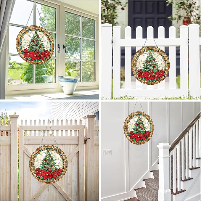 Reofrey Hanging Diamond Art Kits for Adults - 8x8 Inch Christmas Tree Acrylic Board Double Sided Pattern Diamond Art Suncatcher Pendant, Crystal Art for Home Wall Window Decoration Handmade Gift