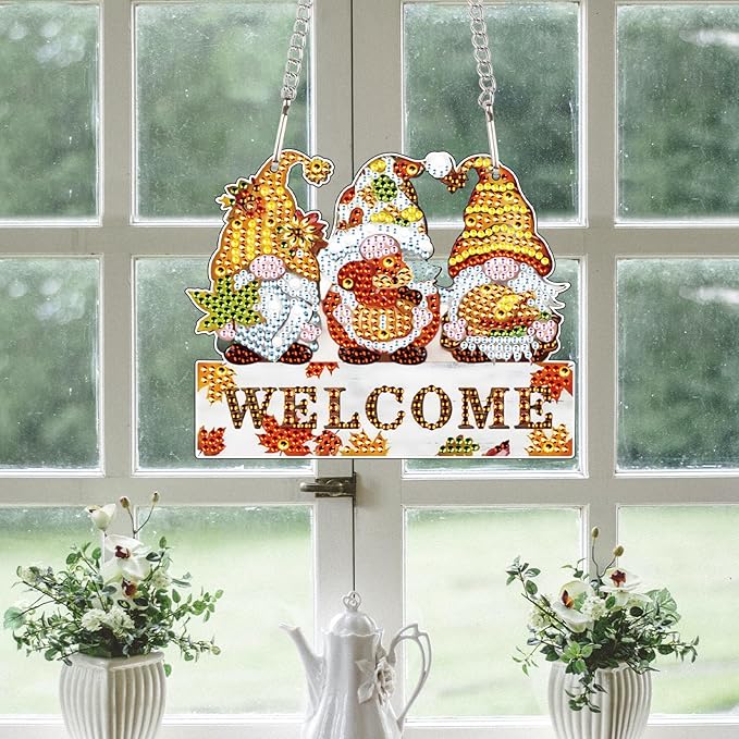 AiYuanzsh Autumn Gnome Diamond Painting Hanging Sign, 5D DIY Acrylic Crystal Rhinestone Diamond Art Kit Pendant, Welcome Fall Decor for Door, Wall or Porch