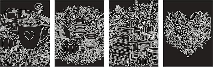 Brea Reese: Scratch Art Paper Pad - Fall Florals - 14 Sheets, 7 Guided Art Designs, Metallic Accents, Stylus & Brush, 6x8 Pages, DIY Adult Craft Kit