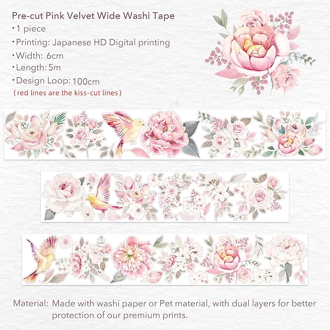 WT Pre-Cut Pink Velvet Wide Washi Tape, Single Roll, Original Designs, Elegant Floral Aesthetic, Decorative Japanese Paper Tape for Journaling, Scrapbook, Planner, DIY Crafts, Bujo Supplies, 60mm×5m