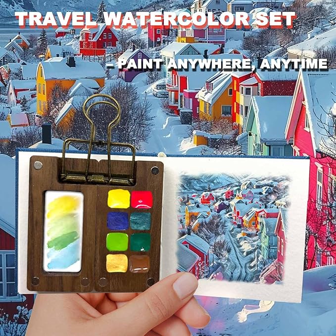 Orbixa Mini Watercolor Palette Paint Set–Travel Size,12 Color Paint with 8-Well black Walnut Palette,Mini Sketchbook travel watercolor set& pocket kit | Portable Watercolor Kit for Artists,Students&Beginners
