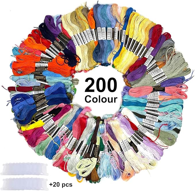 Bracelet String Kits, 200 Colors Rainbow Color Embroidery Thread, Cross Cotton Stitch Embroidery Thread, Bracelet Yarn with 20 Plastic bobbins(200 Color)