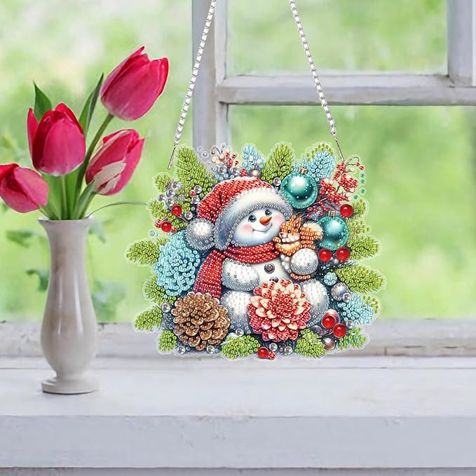 Auremi Snowman Diamond Art Painting Pendant Kits with Chain,5D Christmas Diamond Art Hanging Kit DIY Diamond Crystal Window Door Hanging Pendant Kit for Adults Gift Wall Decor