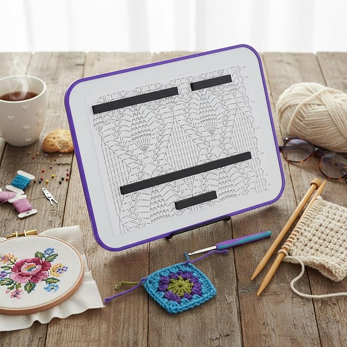 flutesan 8 x 12 inches knitting pattern holder with 4 replacement magnets knitting chart keeper cross stitch magnetic board cross stitch accessories and supplies for crochet(purple border)