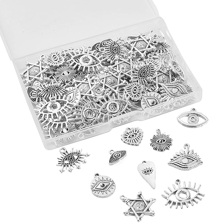 DanLingJewelry 100Pcs 10 Styles Evil Eye Charms Antique Silver with Sun Heart for DIY Jewelry Making, TIBEP-CJ0002-05-CHH