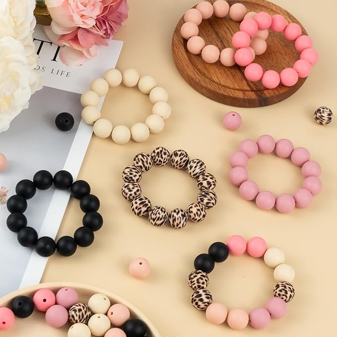 120 Pcs 15mm Silicone Beads for Keychain Making Bracelets Pink Black Leopard Print 6 Mixed Colors Silicone Round Beads Bulk for Crafts Pens Making
