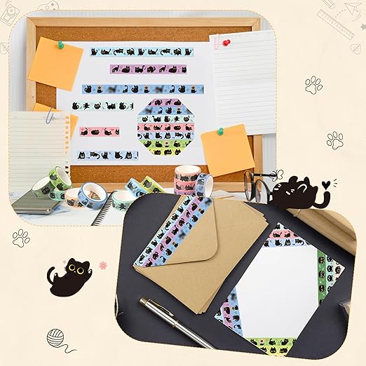 Black Cat Washi Tape - 12Pcs Cute Trendy Black Cat Design Cute Eco-Friendly Masking Tape Decorative DIY Crafts Artist Tape Set School Office Journal Kids Art Supplies Gift Wrapping
