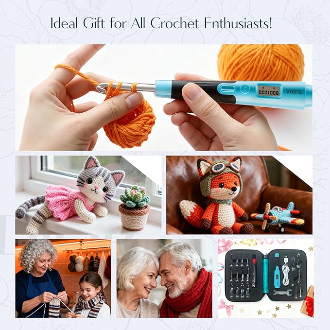 Votris 18 in 1 Counting Crochet Hooks, Light up Crochet Hook Set with Digital Stitch Counter 2.0mm-14.0mm, Rechargeable & Interchangeable Heads Lighted Crochet Hook Set, Ergonomic Handles for Beginner