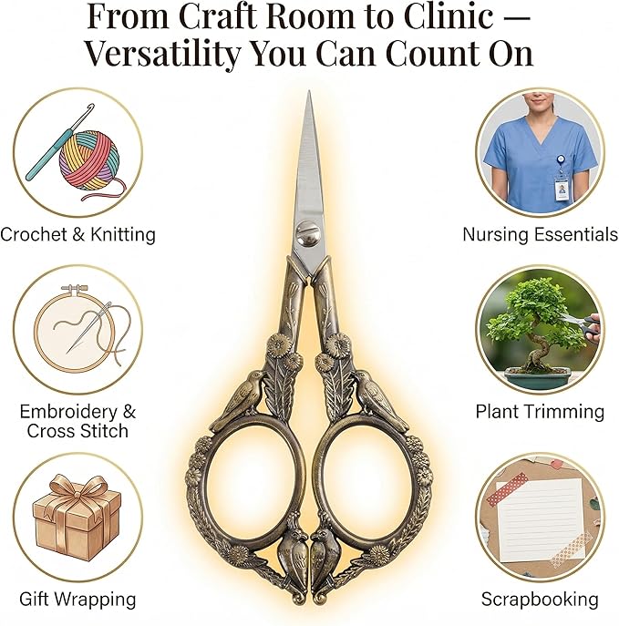 Crochet Scissors with Cover – Antique Bronze Vintage Small Embroidery Scissors, Sharp Bird Craft Scissors for Yarn Thread Sewing Needlework, Pretty Gift for Crocheter Quilter, 4.6 Inch