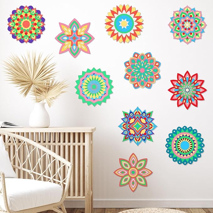 22 Pcs Wooden Mandala Painting Set 10 Mandala Unfinished Wood Cutouts with 12 Markers for Crafts Diwali Craft Wood Slices for Adults Painting DIY Tags Wedding Home Decors(Artsy Style)