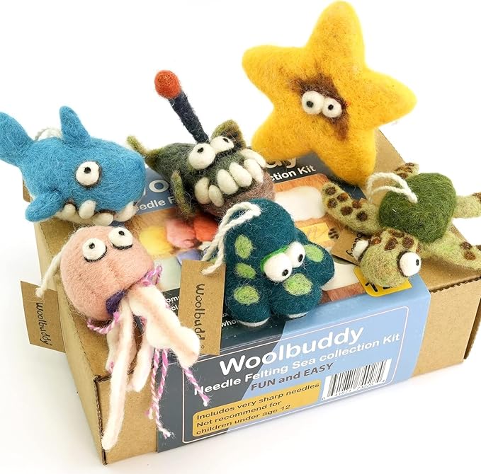 Woolbuddy Needle Felting Kit - Sea Animals for Beginners & Adults, Includes Wool Roving, Felting Needles, Pad, and Instructions