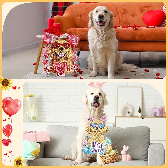 Cinnvoice 12 Pcs Seasonal Diamond Art Wreath Kits Holiday 5d DIY Diamond Art Hanging Signs Winter Spring Ornaments for Wall Door Decoration(Dog)