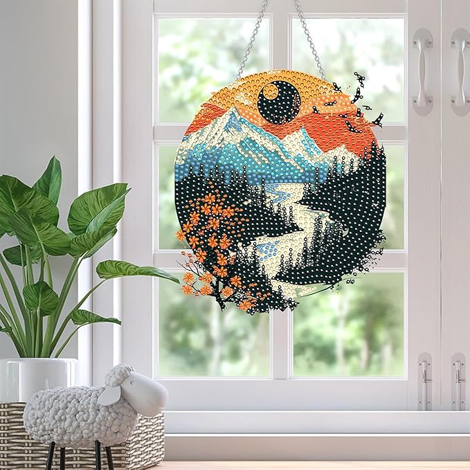 SKRYUIE Scenery Hanging Diamond Art Kits for Adults Pendant Suncatcher, Special Shaped Crystal DIY Pearl Diamond Painting Kit, Gift for Mother Spring Summer Window Wreath Decor 7.83 x 6.69 Inch A5