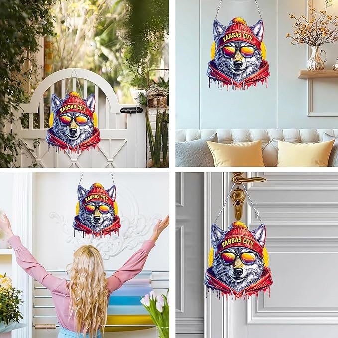 Weadatty DIY Diamond Art Hanging Kit for Adult,Football Style Acrylic Diamond Art Painting Window Pendants Home Garden Wall Hanging Kits Hanging Ornament,Single Sided(Kansas City Red)