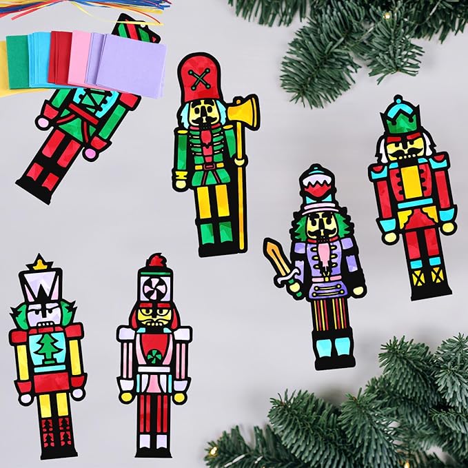 30 Pcs Christmas Nutcracker Suncatchers Paper Craft Set Xmas Nutcracker DIY Stained Glass Effect Tissue Paper Kits Gift Bulk for Xmas Christmas Activities Art Party Decor