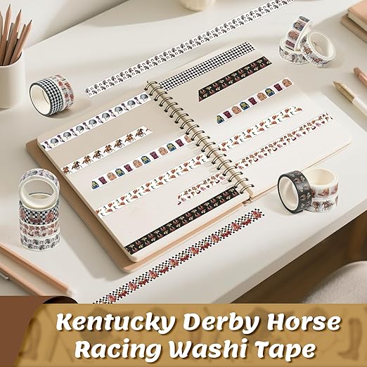 Kentucky Derby Washi Tape - 12 Rolls Horse Racing Silhouette Jockey Silk Bridle Pattern Design Premium Acid Free Repositionable Paper for Scrapbooking Gift Wrapping Journal DIY Crafts