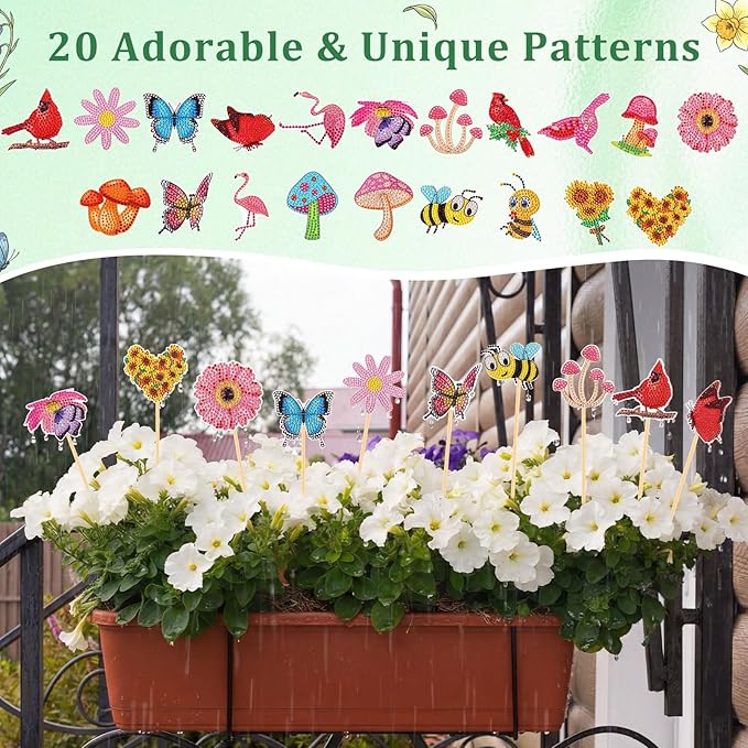 Sliner 20 Pcs Diamond Art Kits for Adults for Garden Decor with Butterfly, Hummingbird, Flowers, Bee, Mushrooms, Diamond Art Kit with Stakes Dot Ornaments Kits for Outdoor Yard Decoration Crafts