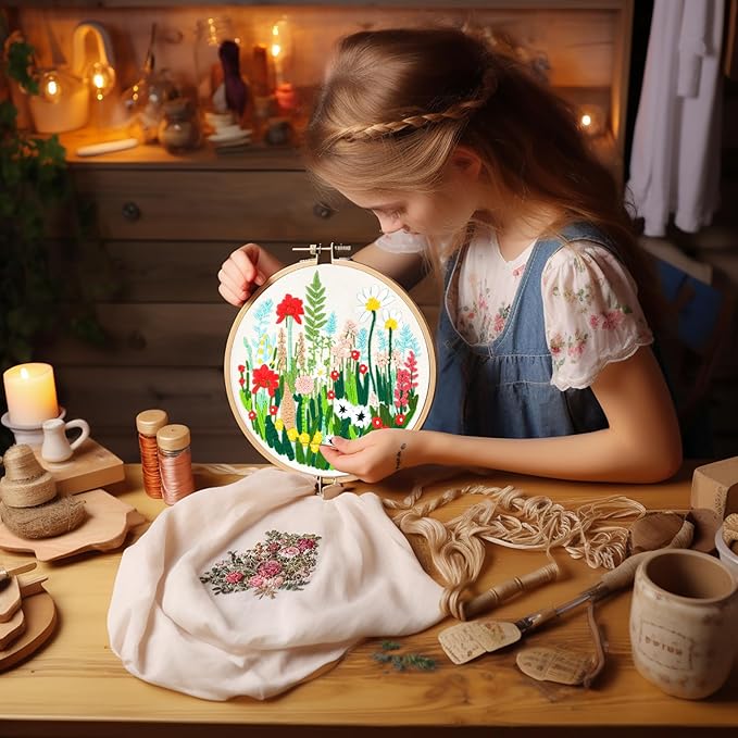 Bonroy Embroidery Kit for Beginners with Instructions,Cross Stitch Kits for Adults with Pattern,Needlepoint Kits for Adult Include Embroidery Cloth Hoops Needles Threads (flowers5)