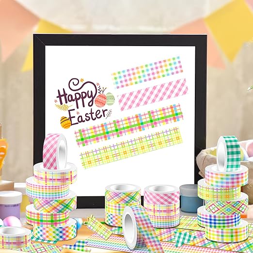 12 Rolls Happy Easter Washi Tape Set, Spring Colorful Pastel Buffalo Plaid Checkered Masking Decorative Tapes for DIY Craft Scrapbook Journals Easter Gift Wrapping School Supplies Decor 16.4FT
