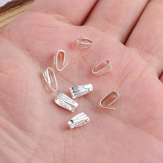 Silver Necklace Pendant Clasp, 8 Pcs Bulk Necklace Pendant Pinch Bail Jewelry Clasps Bracelet Charms Connector Sterling Silver Findings Pinch Clips Snap Bails for Jewelry Making