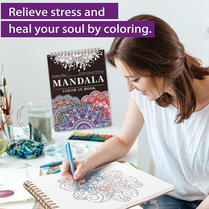 Mandala Coloring Book for Adults - 9" x 12" Coloring Book Spiral Bound, 50 Hand Drawn Mandalas Patterns for Relaxation & Stress Relief, Mindfulness Gifts
