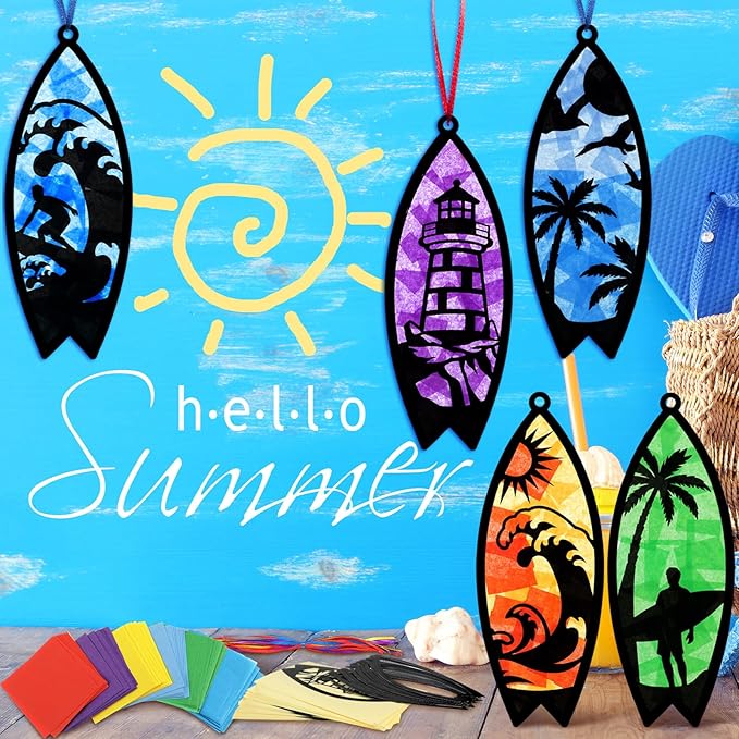 30 Pcs Beach Surfboard Suncatchers Paper Craft Set Sea Ocean Beach Surfboard DIY Stained Glass Effect Tissue Paper Kits Gift Bulk for Summer Activities Art Party Decor