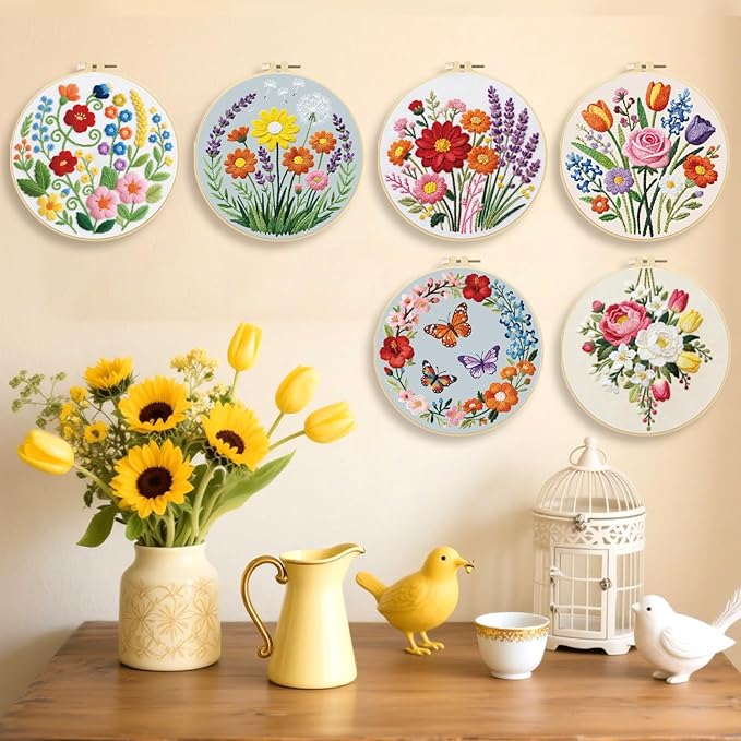 ORIGACH 6 Pack Flowers Embroidery Kits for Beginners, DIY Starter Hand Embroidery Kit with Floral Wreath Wildflower & Butterfly Patterns and Instructions for Adults Women Crafting