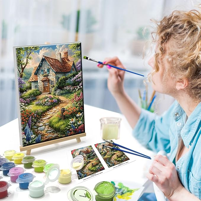 ATDMS Paint by Numbers Kits for Adult with Frame DIY House Flowers Paint by Number with Easel Acrylic Landscape Oil Painting by Number for Wall Hanging Home Room Decor 7.87x11.81 Inch