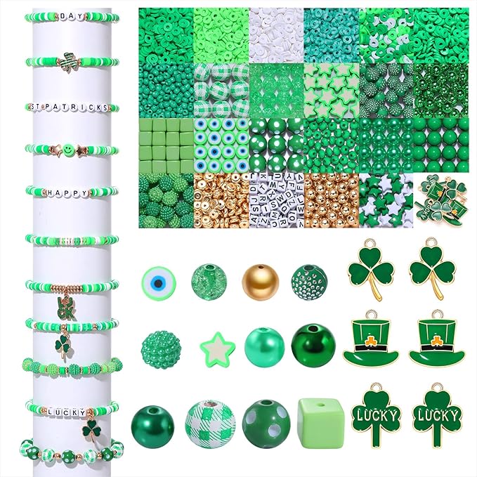 2566PCS+ St. Patrick's Day Beads for Jewelry Making Green Heishi Pearl Star Letter Clay Wooden Irish Round Loose Beads with Enamel Luck Shamrock Hat Pendants for DIY Necklace Bracelets Making Kit